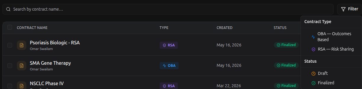 Valex contract list with search and filters.